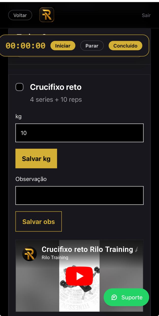Tela de exercício com cronômetro, registro de carga e vídeo